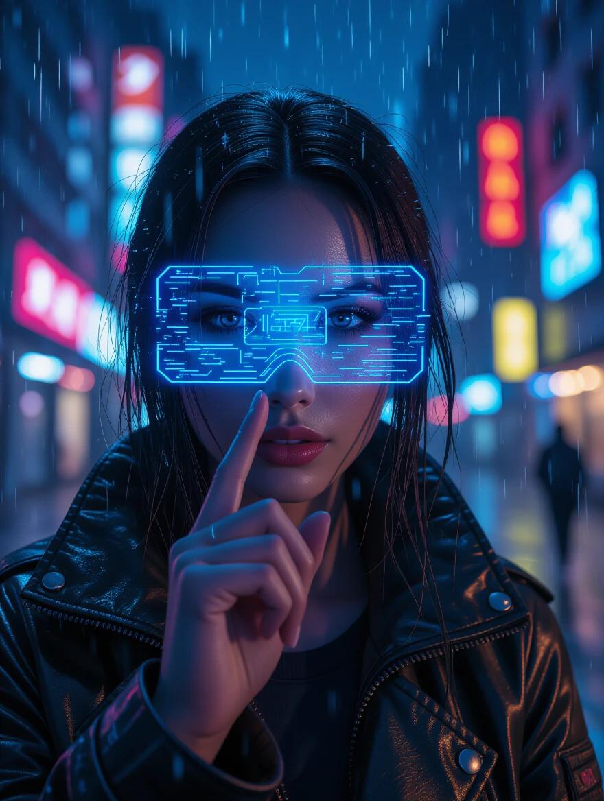 Cyberpunk style depicting a rainy night in a city. A woman named KIRA touches a holographic device. Blue patterns illuminate her face. Light and rain create dynamic shadows. Scene presented in 3D realistic style, aspect ratio 16:9.