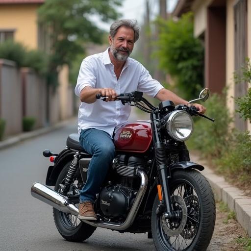 Man around 55 years old seated on a Royal Enfield motorcycle. Wearing jeans and a white t-shirt. Black hair with some gray. Outdoors on a street near houses.