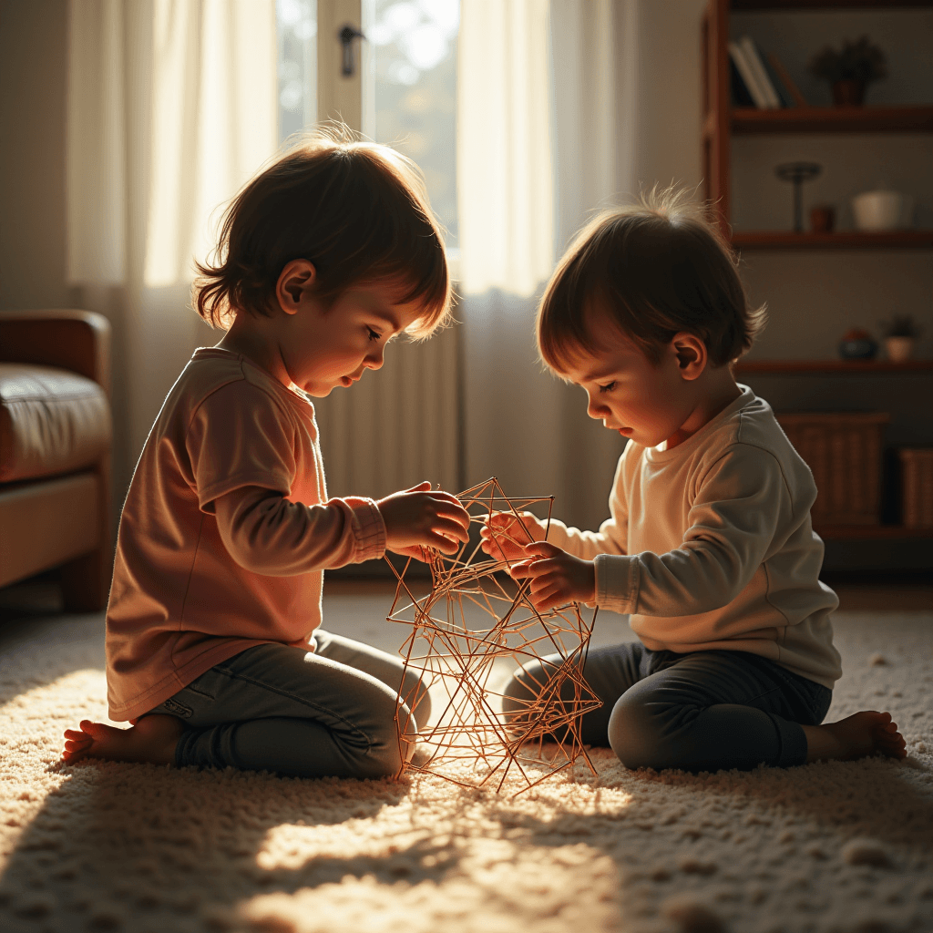 Two young children are sitting on a carpeted floor, focused intently on a geometric structure made of sticks.