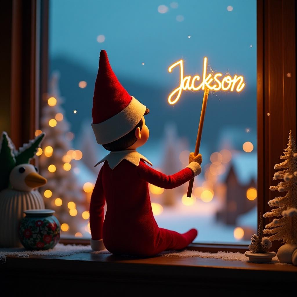 The image depicts an elf on a shelf, seated with its back to the viewer. The elf, adorned in a classic red and white outfit, is holding a glowing wand that illuminates the name 'Jackson.' It gazes out the window towards a picturesque Christmas village decorated with twinkling lights. The scene is filled with holiday cheer, showcasing the magic of Christmas. Snow blankets the rooftops outside, and festive decorations abound. This charming view captures a moment of wonder and anticipation for the season.