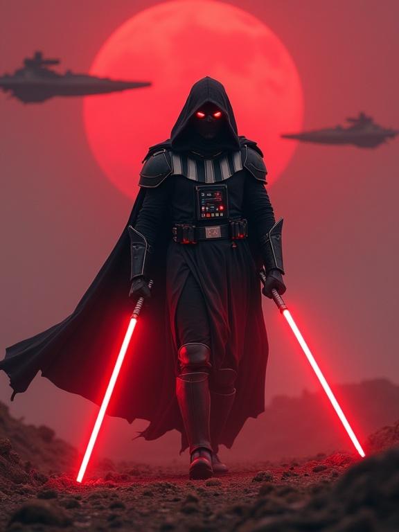 Photo of a Sith lord in black armor walking on a foggy battlefield. Hooded cloak flowing behind. Red glowing eyes and black breather mask. Two battleworn lightsabers with crackling red blades in hand. Red sky overhead with stardestroyer ships in the distance.