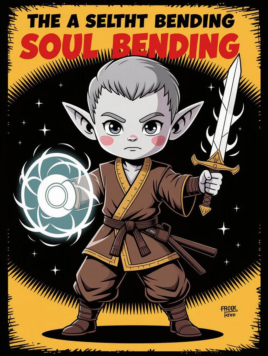 Tiny character with elf ears and super light pale skin is wearing training robes. He is a fighter with short grey hair and white eyes. He possesses soul bending powers to manipulate energy. In left hand, a shield made of translucent white energy and in right hand, a translucent blade. Image is in comic book style on a dark background.