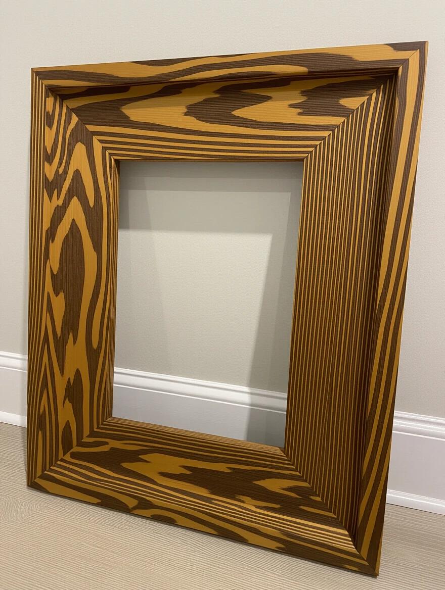 A wooden picture frame stood on the floor against a light colored wall. The frame has a distinctive striped wood design.