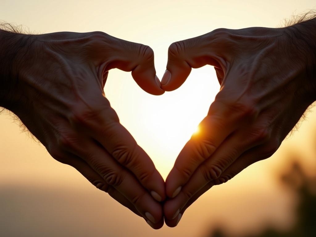 Two palms belonging to an old man create the shape of a heart, silhouetted against a bright background. The hands are weathered and show signs of age, with wrinkles and calluses highlighting a life well-lived. The fingers curve gently to form the heart shape, capturing a moment of tenderness and love. The light shining through the heart shape adds a warm glow, enhancing the emotional impact of the image. The background is softly blurred, keeping the focus on the heart formed by the hands.