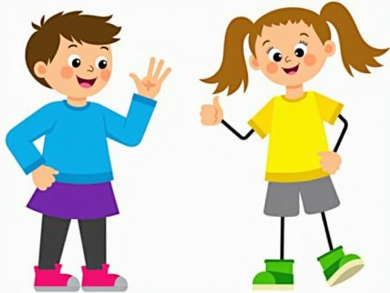 Two cartoon characters stand next to each other. The boy wears a blue long-sleeve shirt purple skirt and pink shoes. The girl wears a yellow short-sleeve shirt gray shorts and green shoes. The boy makes a peace sign and the girl gives a thumbs-up. Image is colorful and playful suitable for children.