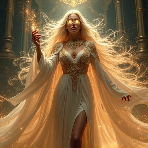 Portrait of a majestic goddess in motion with glowing eyes and arcane runes. Long hair and elegant robes billow in a mystical wind. Radiant light envelops the scene. Streams of magical energy flow from her eyes and fingers. Standing on an ancient pedestal with celestial symbols around her. Dramatic lighting enhances powerful expression.