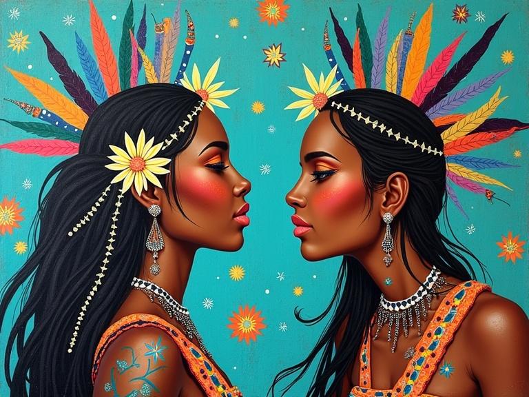 Navajo inspired abstract painting featuring two women profiles with decorative accessories. Artistic representation uses deep hues and symmetrical design.