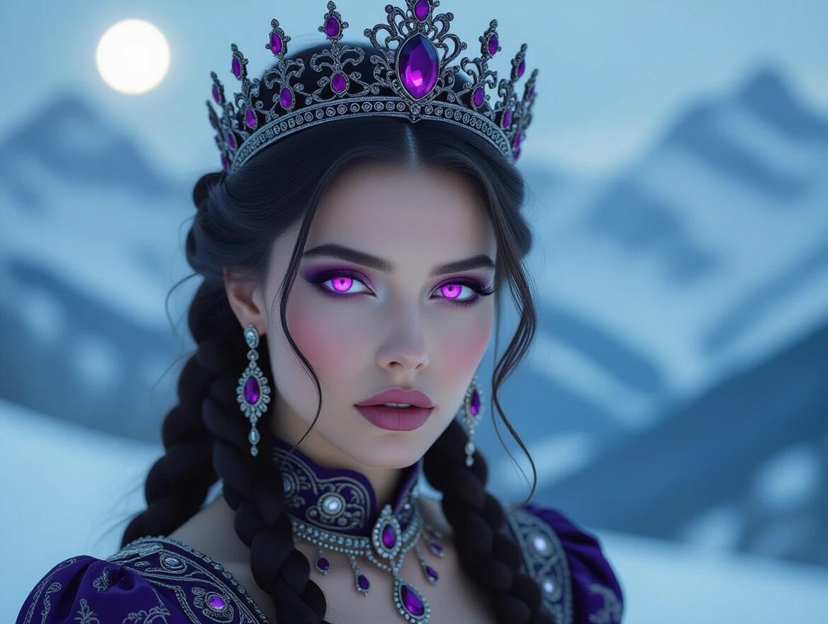 A photo-realistic fantasy portrait of a gothic woman. The image showcases glowing magenta eyes and ornate metal face adornments. A violet gemstone crown and matching jewelry accentuate her dark braided hair. The background features soft moonlight illuminating snow-covered mountains with dramatic side lighting, captured in a high-resolution format with an 85mm lens.