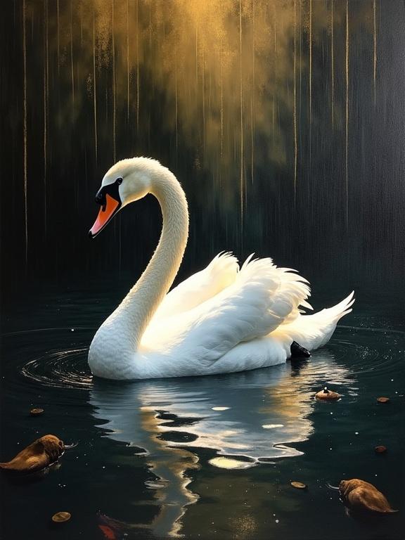 Beautiful white swan gliding on a Vantablack lake. Cinematic lighting illuminates swan against dark water. Gold mist gently rains down creating ethereal atmosphere. Traditional Impasto oil painting style with textured finish.