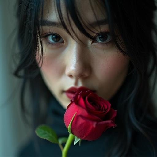 Photo closeup shot of a Shanghai woman with a rose in her mouth. The subject appears mysterious and alluring. Soft lighting emphasizes the details.
