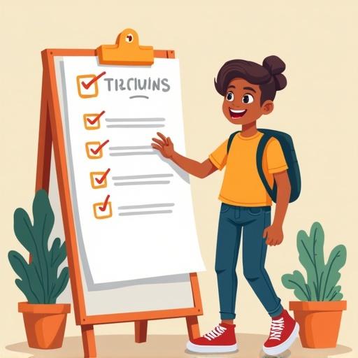 Cartoon style illustration of a teenager doing a to-do list. The scene shows a smiling teenager checking off tasks on a large checklist. Colorful plants are in the background.
