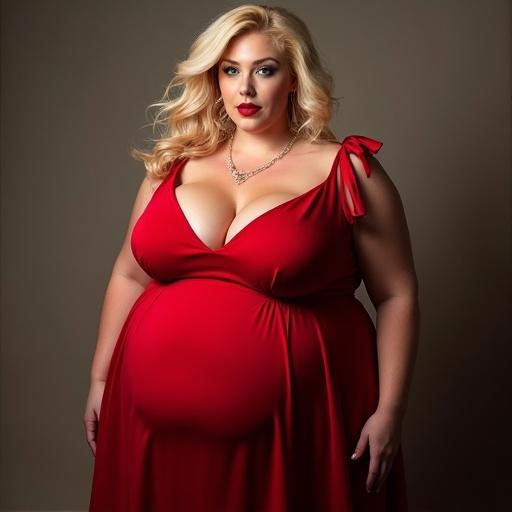 Image of a confident plus-size woman. Blonde hair styled elegantly. She wears a vibrant red dress accentuating her figure. Focus on her beauty and self-assurance.