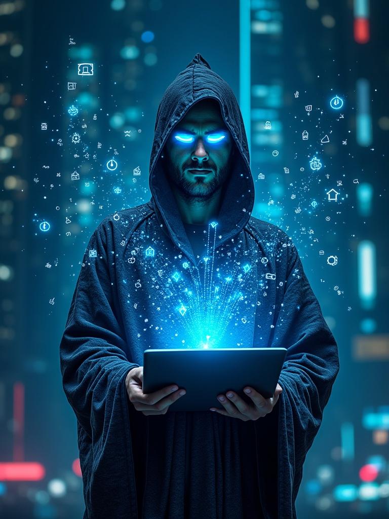 A futuristic digital wizard wears glowing neon-blue cybernetic robes. Surrounding him are floating holographic codes and blockchain symbols. His eyes glow with AI power. One hand conjures lines of code in mid-air while the other holds a sleek laptop. Background features a dark high-tech cityscape with data streams. The style merges cyberpunk and sci-fi fantasy showing mastery in web and blockchain development.