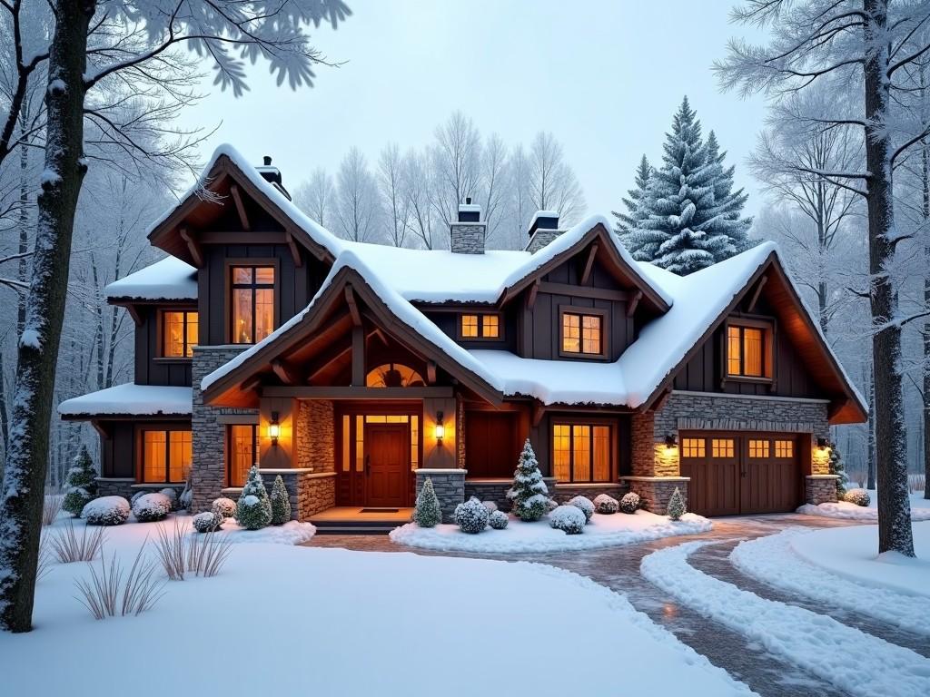 A cozy, snow-covered chalet-style house in a winter forest setting