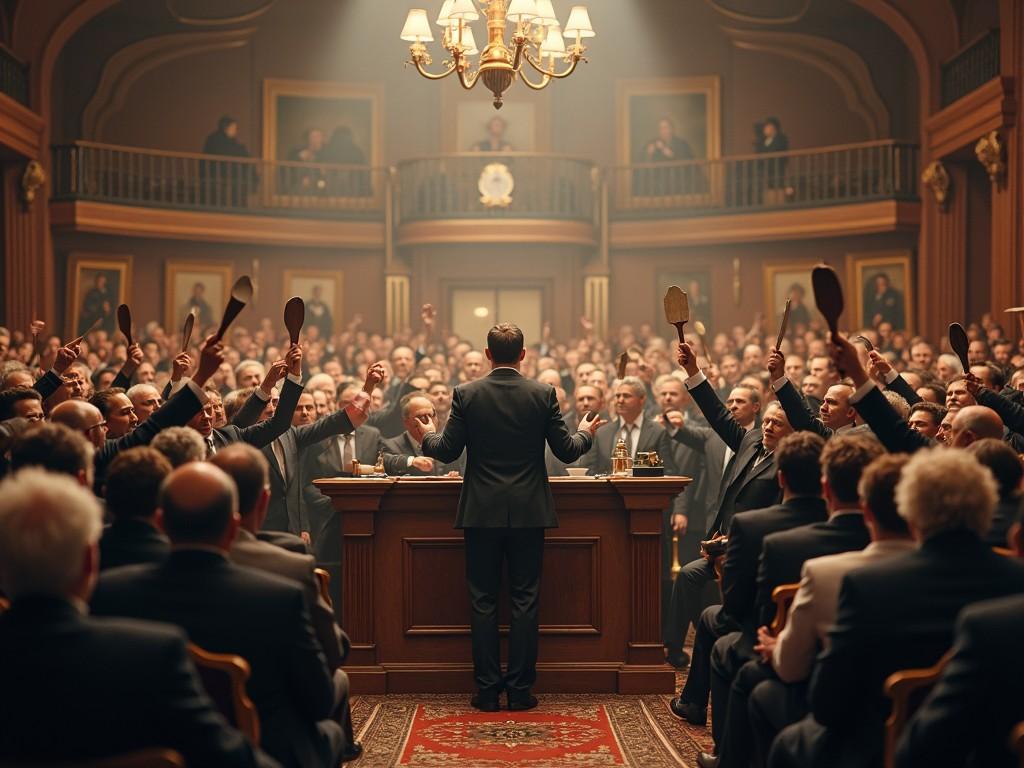 The image depicts a formal auction setting with a packed audience. At the front, a speaker gestures towards the crowd, engaging them during the bidding process. The room is opulent, featuring dark wood paneling and luxurious decor, highlighted by a grand chandelier above. Many attendees are raising their hands, signaling bids or responses to the auctioneer. The atmosphere is tense and filled with anticipation as participants vie for the items on auction.