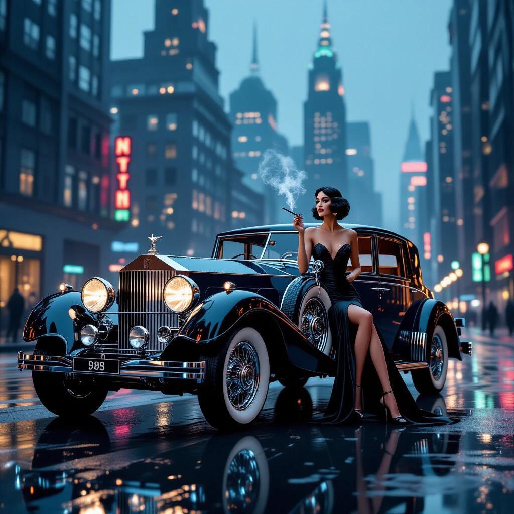 Woman in an Art Deco luxury car reflecting neon city lights. Car is a classic Rolls-Royce with chrome details. Woman extends a leg wearing a silk dress. Cigarette holder in hand. Skyscrapers loom in fog. Neon signs shine in teal and gold. Hyperrealistic style with cinematic lighting. 16k resolution with shallow depth of field.
