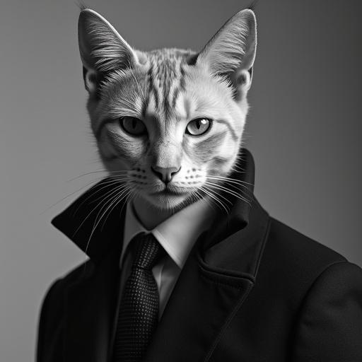 Magazine cover style photograph of a catboy dressed in formal attire. The cat has a stern expression resembling a famous political figure, depicted in black and white.