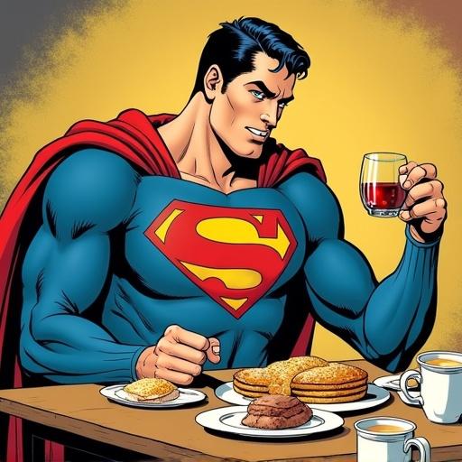 Superman enjoying breakfast at a table. Old comic style illustration. Superhero attire. A variety of breakfast foods present.