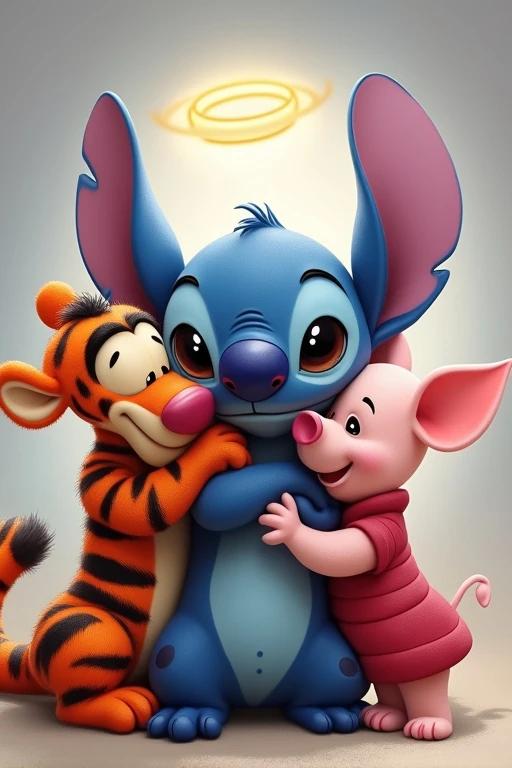 Disney characters gather together. Stitch is in the middle with a halo and angel wings. Tigger stands on the left and Piglet stands on the right. Stitch is blue with large ears. Tigger is orange and black. Piglet is pink. Characters embrace in a warm hug. Semi-realistic style is used.