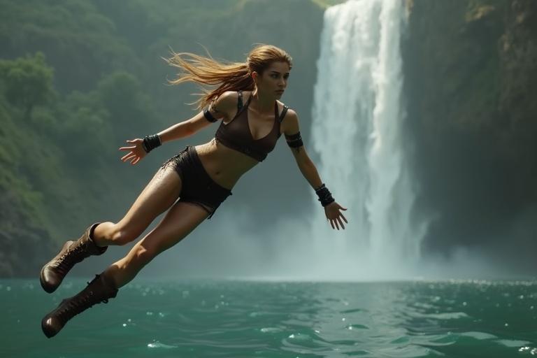 Camera captures a woman suspended mid-air above water. Arms stretched forward with legs straight toes pointed. Dark crop top revealing her cleavage with tight shorts and rugged boots. Golden hair trails behind catching sunlight. Lake ripples below with a waterfall beside. Moment frozen between air and water.