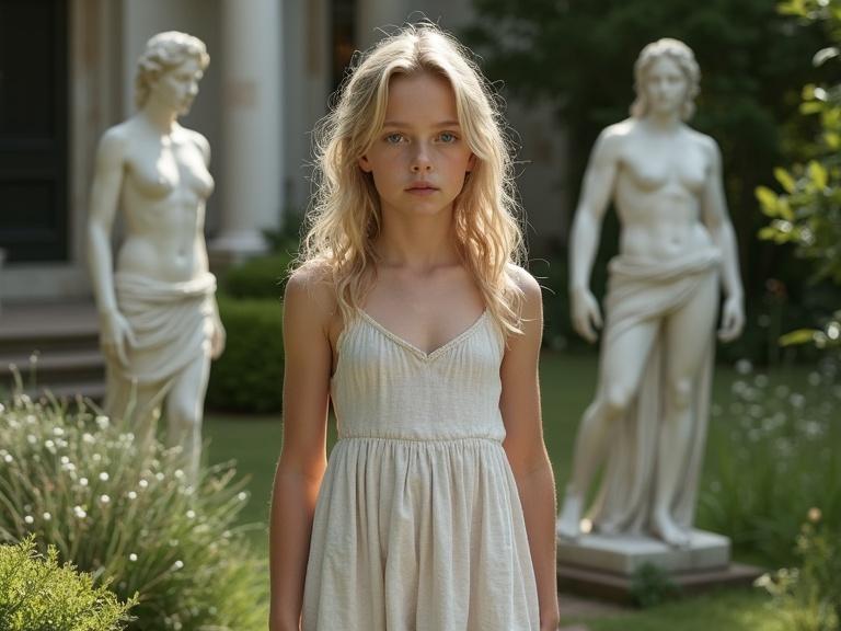 Ancient Roman garden with a 14-year-old skinny girl. She has pale skin, blonde hair, and blue eyes. Statues of Aphrodite and a satyr in the background. Girl wearing a tiny short linen dress. Full body. High resolution. 10 meters distance camera.
