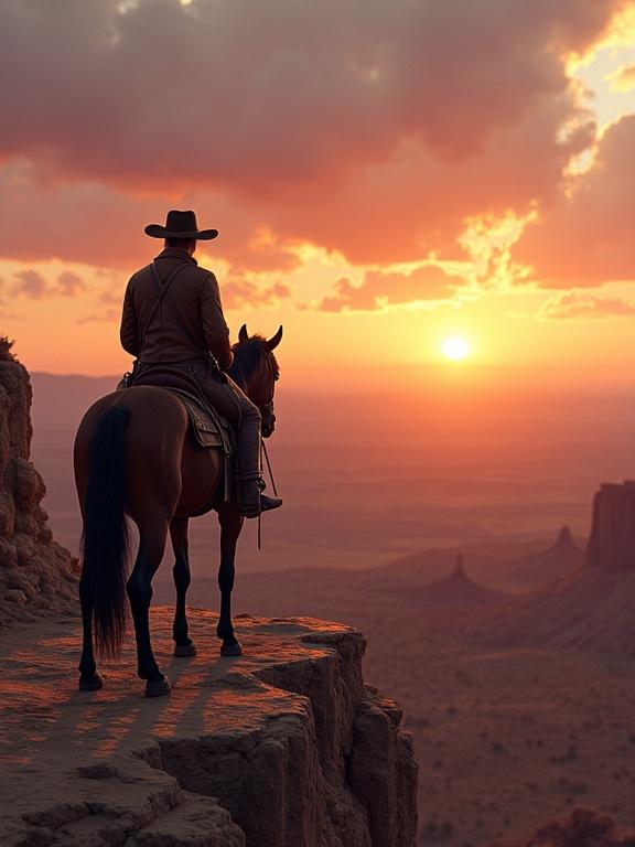 A hyper-realistic scene features a cowboy on horseback at a rocky cliff edge during sunset. The cowboy wears a wide-brimmed hat and a leather coat, sitting firmly in the saddle while gazing into the distance. The landscape includes mesas, canyons, and scrubland under a sunset sky filled with dramatic clouds and warm hues. The atmosphere is serene yet powerful.