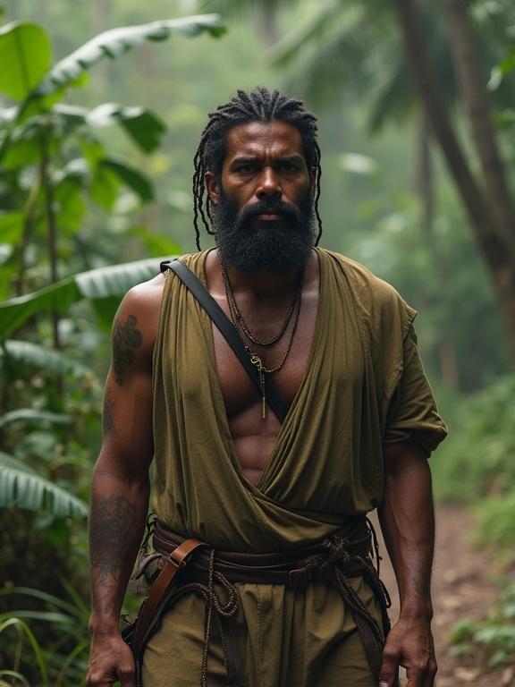 Photorealistic image of a fully clothed man in modern-day South American Amazonia. No fictitious creatures present. The environment appears lush and hostile. The man showcases strength and determination.