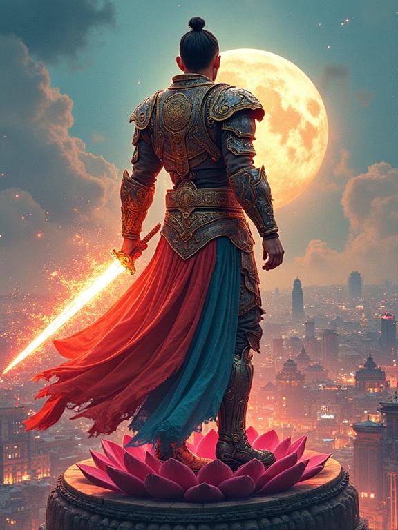 A Tamang heritage warrior-saint with a strong jawline and tied-back black hair stands with a radiant mech-armor embossed with Himalayan warrior motifs. He wields a half-energy half-khanda blade glowing with light. The warrior stands atop a lotus-chakra pedestal looking over a neon-lit Kathmandu skyline. The image features bold inks and high-contrast color blocks with epic splash-page framing.