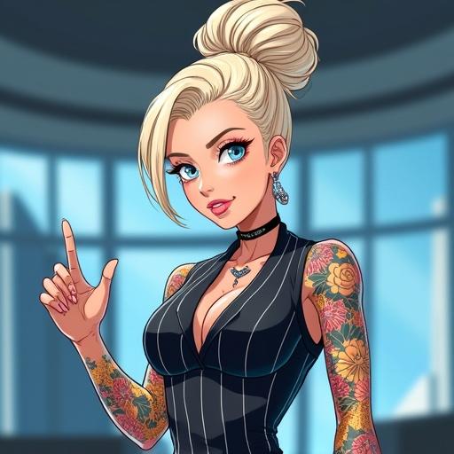 Anime character featuring a woman with light blonde hair in a bun wearing a pinstriped dress. She has blue eyes and tattoos. The setting is a modern dojo. She looks confident and strong. Details include piercings and distinct makeup. The atmosphere is bright and stylish.
