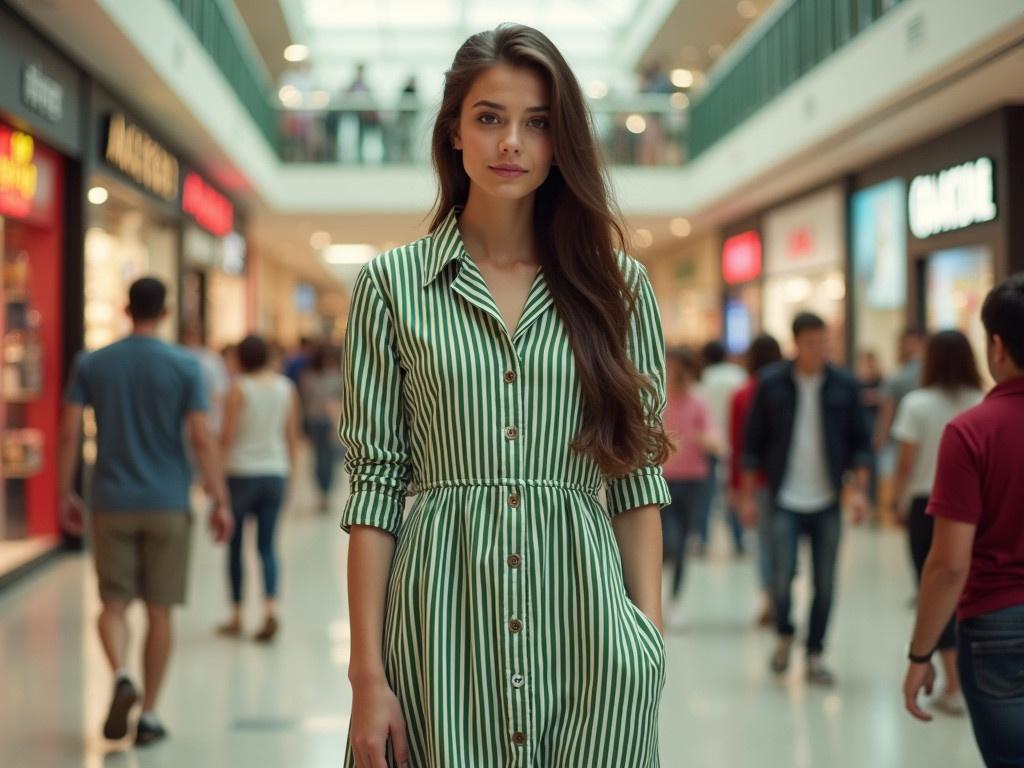 This image showcases a young woman standing in a shopping mall. She is wearing a long, striped dress in green and white, with a collar and buttons. Her hair is long and cascades down her shoulders. The background illustrates a busy mall filled with people and various stores, highlighted by bright signage and advertising for movies. The image captures a lively atmosphere, characteristic of a popular shopping destination.