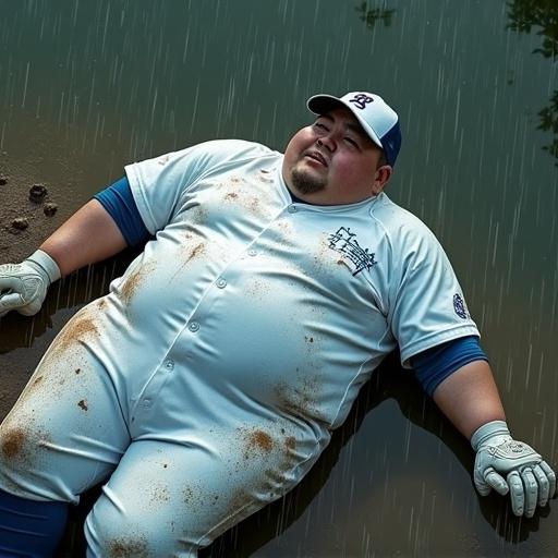 Scene depicts overweight Japanese college baseball player lying on back in mud. Player wearing white baseball jersey and pants. Gloves and cap also white. Blue socks and tight blue shirt visible. The dramatic scene includes rain falling down. Player frowning and shouting in frustration. The image features a dramatic perspective and soft cinematic lighting with a stormy atmosphere.