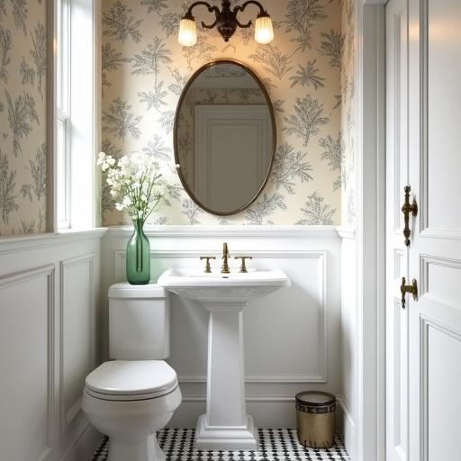 Create a realistic image of a small elegant vintage powder room. Features include botanical line-art wallpaper, white wainscoting, white pedestal sink with gold faucet, oval mirror, white toilet, black-and-white mosaic floor, natural light, vintage chandelier, green vase with flowers, brass trash bin, and doorknobs.