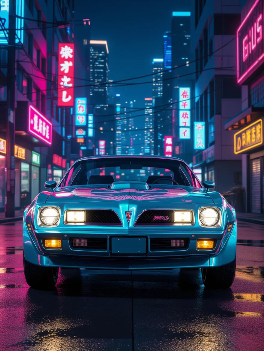 Teal and pink 1976 Pontiac Trans Am parked in a cyberpunk city at night. Bright neon lights illuminate the wet street. The car displays the iconic screaming chicken logo. High-rise buildings loom in the background.