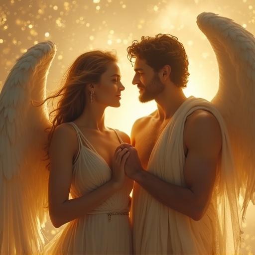A woman stands behind a suffering winged man. She sews a tear in his wing. The man looks anguished. His feathers are frayed. The woman’s expression is reassuring and serene. Ethereal light surrounds them. A soft glow enhances the divine setting. Flowing golden threads of light enhance the atmosphere. The composition is highly detailed with cinematic depth capturing intricate emotions.