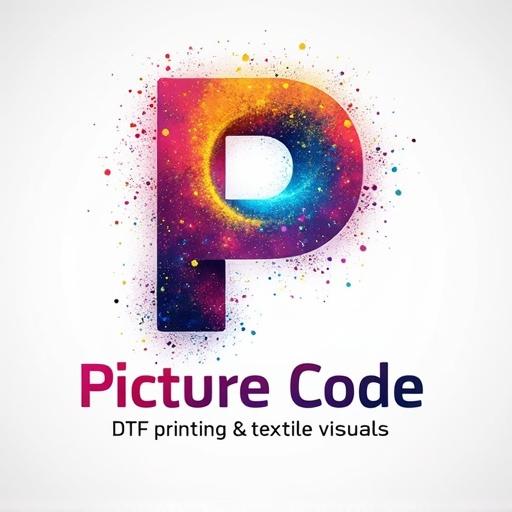 Colorful stylish vector logo for a company named Picture Code. Main element is the letter P. Designed as a visual portal with vibrant digital textures emerging from it. Artistic and futuristic design. Rich color palette with magenta, cyan, violet, yellow. Elegant sans-serif typography for company name and subtitle. Balanced clean layout with strong branding impact.