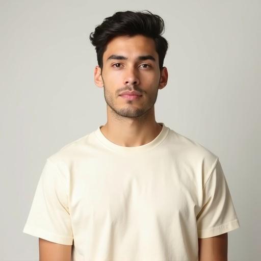 High resolution photorealistic portrait of a male wearing a plain cream-colored T-shirt. Full frontal view with no body rotation. Clean-shaven face. Neutral expression looking into the camera. Well-lit with soft lighting. Simple solid background. Sharp details and realistic skin tones.