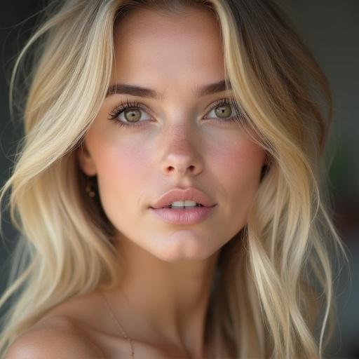 A close-up portrait of a woman with platinum blonde hair. She has attractive features and fair skin. Her eyes are brown. The lighting is soft and natural. The focus is on her face.