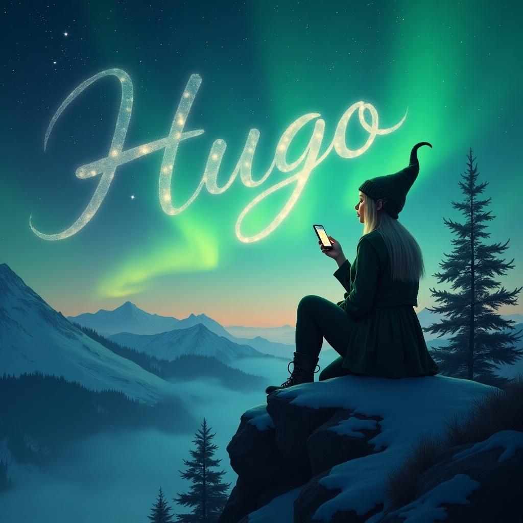 Female elf character on a mountain top overlooking the northern lights with the name Hugo written in the sky made of stars.