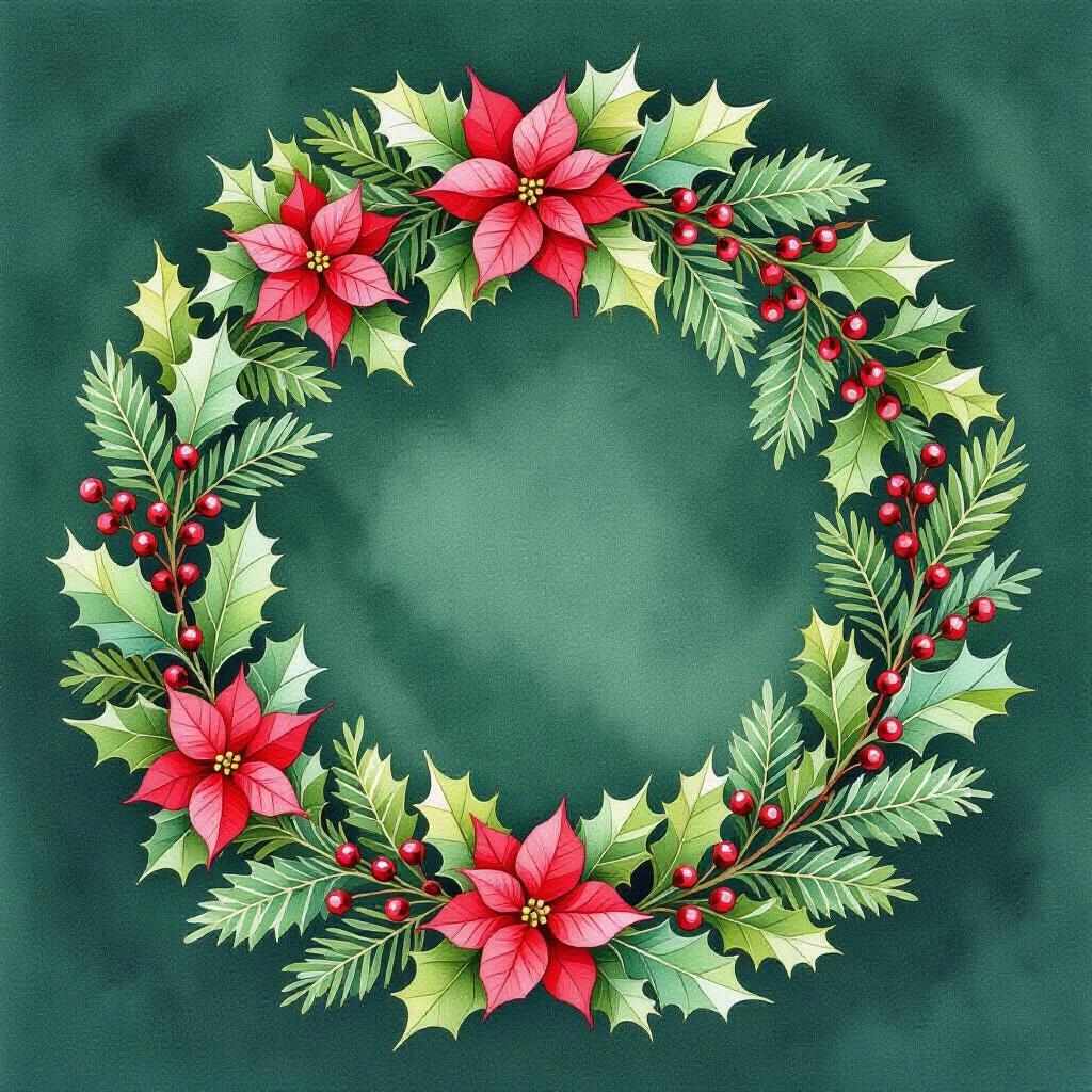 Vibrant watercolor drawing of a Christmas wreath with red poinsettias and green holly leaves. Soft and gentle brush strokes create a circular shape. Various shades of green paint represent evergreen branches. The background is white to highlight the wreath's colors.