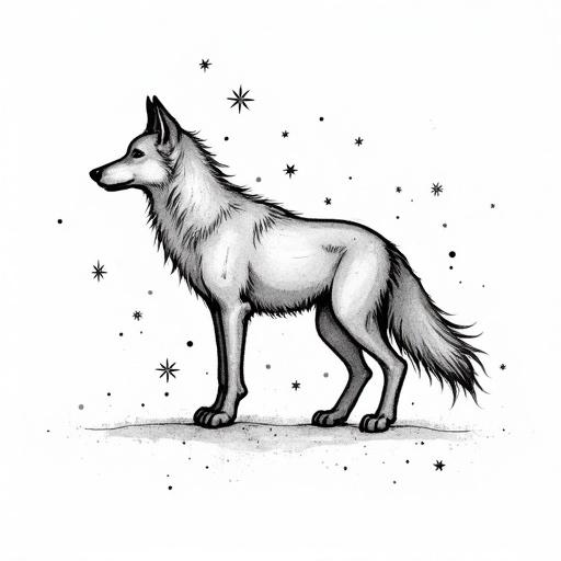 Outline of a spirit wolf formed by tiny black ink stars connected with fine lines. Blackwork only. Transparent background.