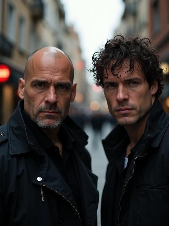 Two unsavoury looking gangsters stand in a Turkish street. One is bald headed, the other has thick waved hair. Both stare menacingly into the camera.
