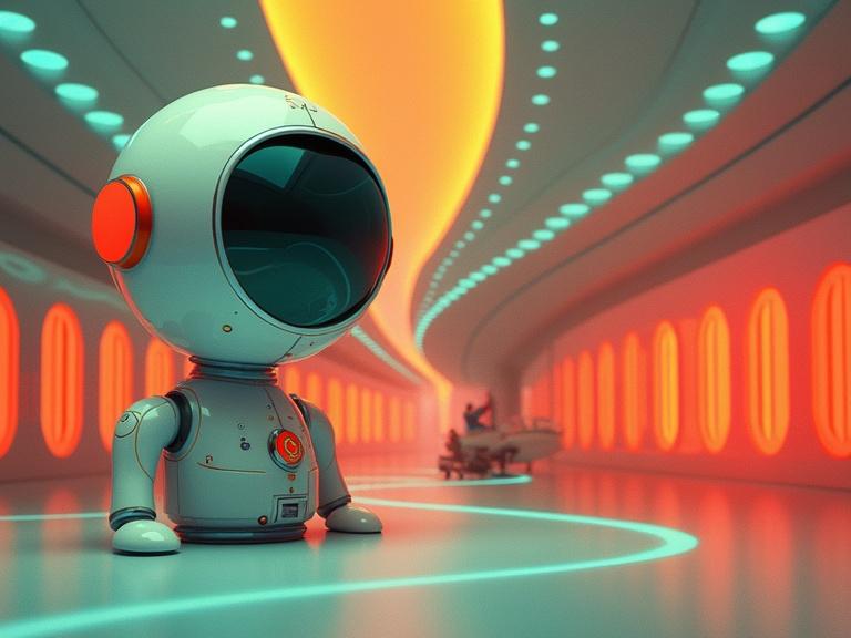 Image depicts a retro futuristic robot in a neon-lit hallway. Emphasizes a playful and whimsical design. Background features curves and glowing elements.