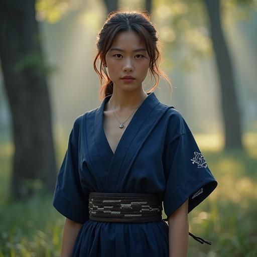 A young woman in a deep indigo kimono-inspired outfit stands in a misty forest. The outfit features short sleeves and subtle embroidery. She holds a traditional yumi bow crafted from polished wood. A delicate silver necklace rests around her neck. Her chestnut brown hair is softly waved and side-swept, adorned with a kanzashi hairpin. Soft sunlight filters through ancient trees in the background.