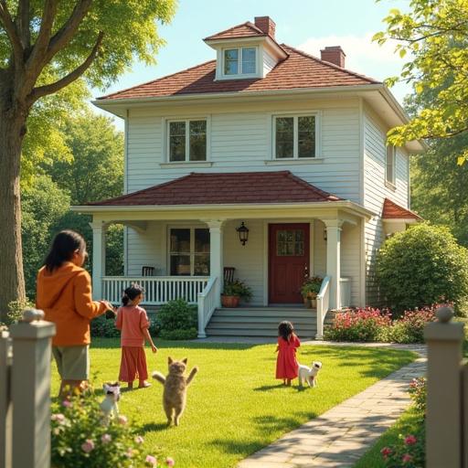 Hyperrealistic image of a sunny suburban neighborhood on a bright spring afternoon. A cozy house with a white picket fence and blooming flowers. Families singing and playing music guitars. Happy friends watching the scene while running with cats. Warm, lighthearted family atmosphere. Billboard reading 'Life goes On'.