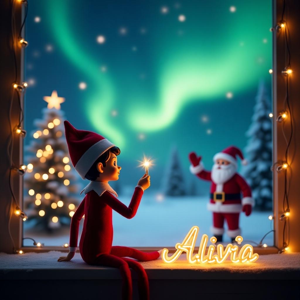 The scene captures a magical Christmas evening with an elf on the shelf. The elf is sitting with his back to the viewer, gazing up at the night sky. He is joyfully using a wand to elegantly write the name 'Alivia' in glowing letters. In the background, Santa Claus waves, surrounded by a winter wonderland adorned with twinkling Christmas lights and trees. The sky is beautifully lit by the northern lights, creating a whimsical holiday atmosphere.