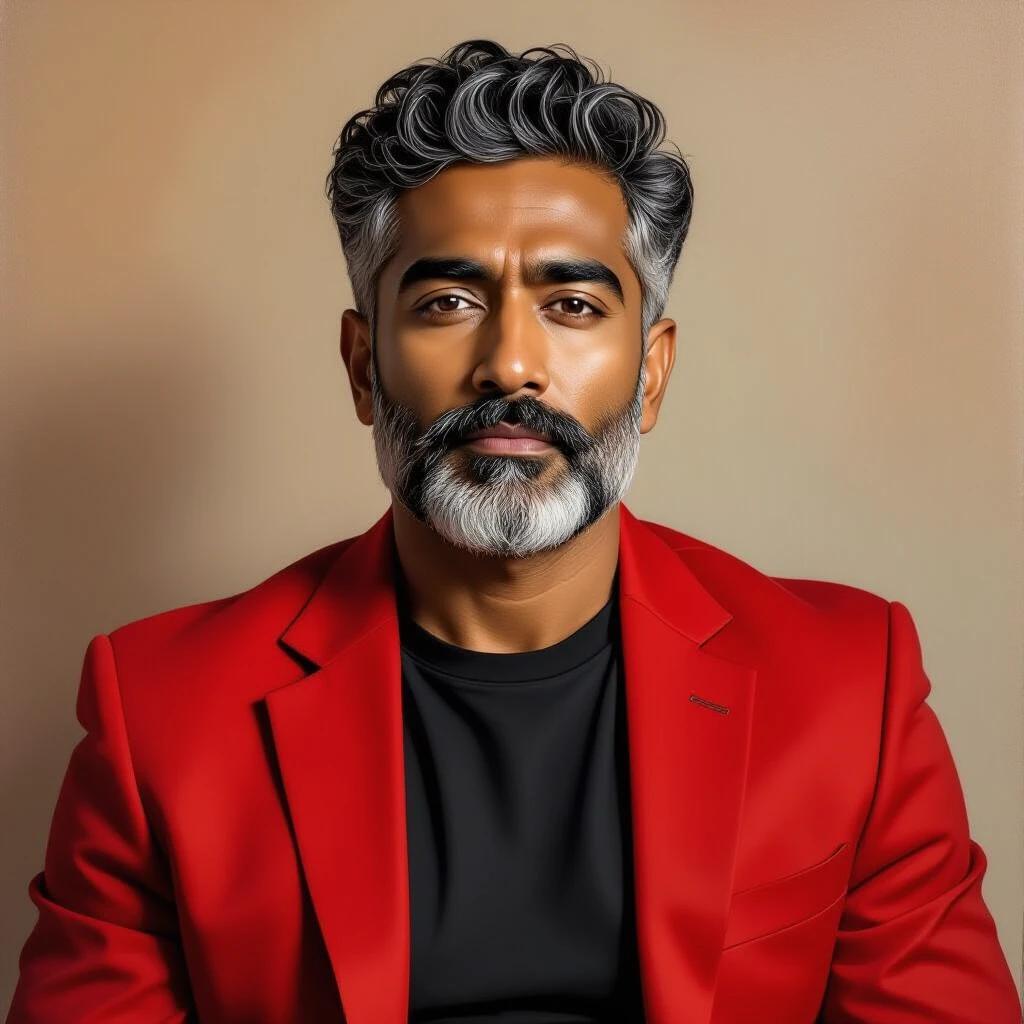 oil painting of man with light skin tone, slightly overweight build, wearing red blazer and black t-shirt, head turned towards camera, serious gaze, gray curly hair, gray beard and mustache, hands clasped at waist, waist up view, neutral background, warm lighting, rich texture, visible brushstrokes