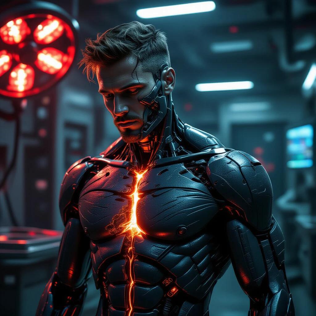 Close-up of a cybernetic figure in an underground lab. The figure has a glowing core at the center. The environment features surgical lights and red hazard strobe lighting. The atmosphere is dark and intense, highlighting intricate details of the robotic form.