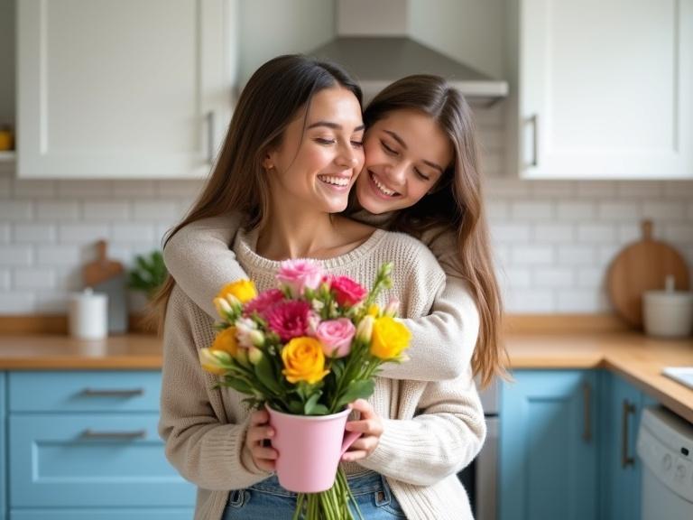 Bright kitchen interior features mother and daughter embracing. Colorful flower bouquet in pink pot. Soft lighting enhances warm atmosphere. Kitchen has white cabinets and blue lower cabinets with stainless steel appliances. A pink coffee mug nearby. Emotional connection evident through genuine smiles and affectionate poses. Scene portrays loving relationship in cozy home environment. Feminine energy and intergenerational love flourished.
