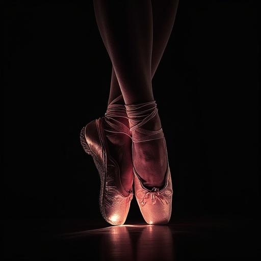 Close-up silhouette of ballet slippers. Double exposure effect with dancer. Tender yet mysterious vibe. Dark colors complement black background.