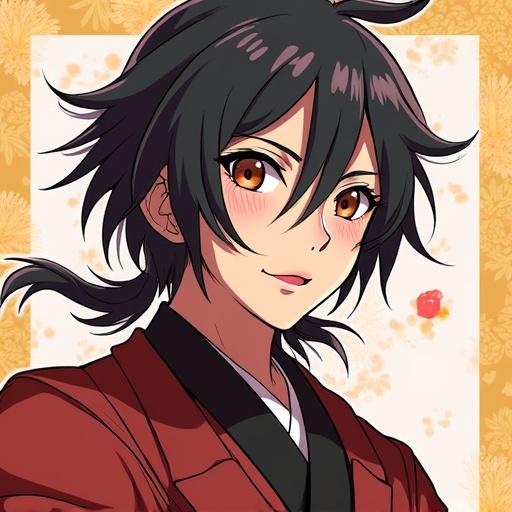 Anime character with dark hair in a red traditional outfit. The character smiles with blush and expressive eyes. Background features subtle floral patterns.